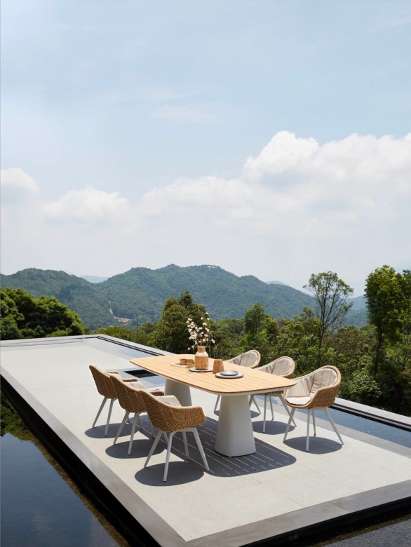 Table repas de jardin haut de gamme en aluminium - avec plateau en teck - MILO