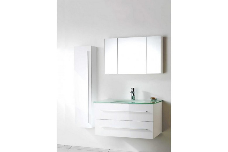 Meuble salle de bain simple vasque 90 cm, 1 colonne, 1 miroir armoire, NOE BLANC