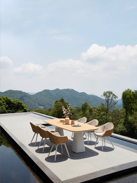 Table repas de jardin haut de gamme en aluminium - avec plateau en teck - MILO